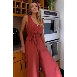 Urban Outfitters Out From Under Rust Linen Jumpsuit Button Front Wide Leg Small